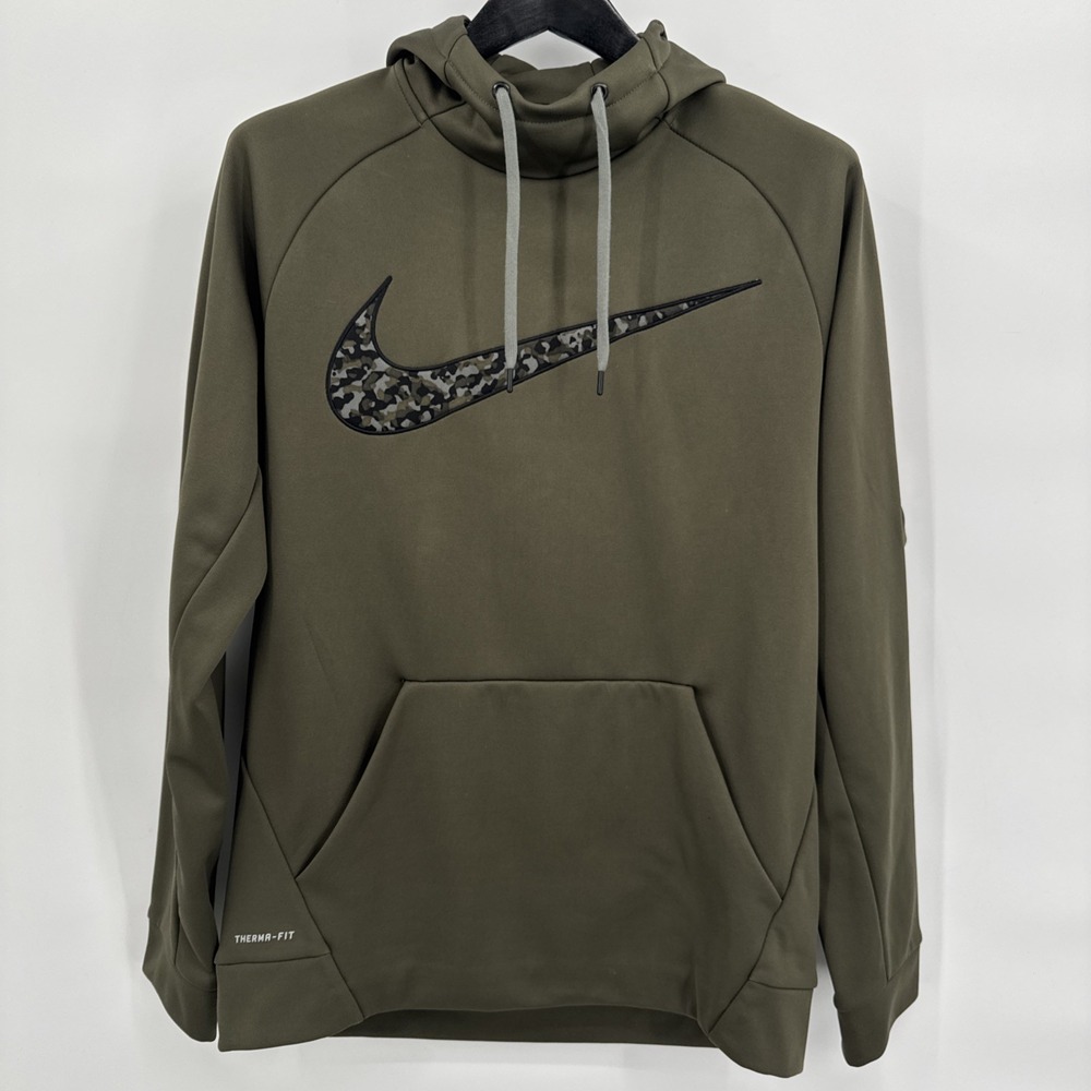 Nike Green‎ Camouflage Center Swoosh Hoodie Men's Medium Dri Fit Therma-Fit